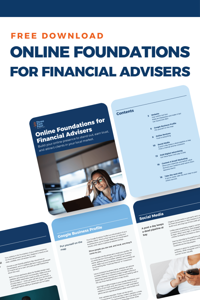 Mockup of a digital guide titled "Online Foundations for Financial Advisers" by 324 Digital, showing cover and internal pages including sections on websites, Google Business Profile, online reviews, social media, and more.